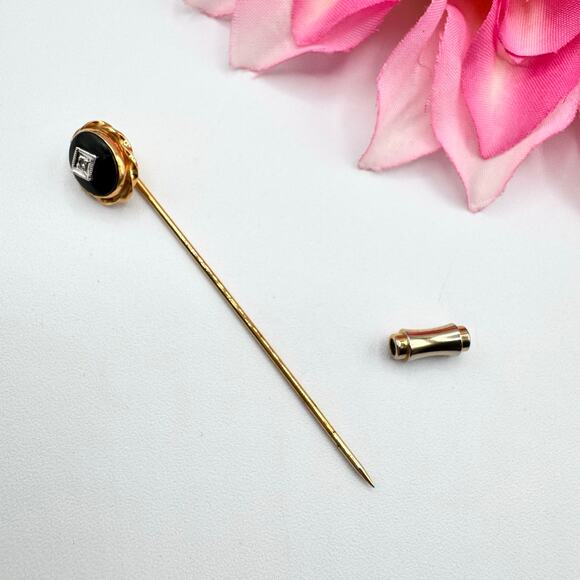 Vintage Diamond And Onyx? Stick Pin Gold Tone Goth Romantic Mourning Art Deco - Picture 7 of 10